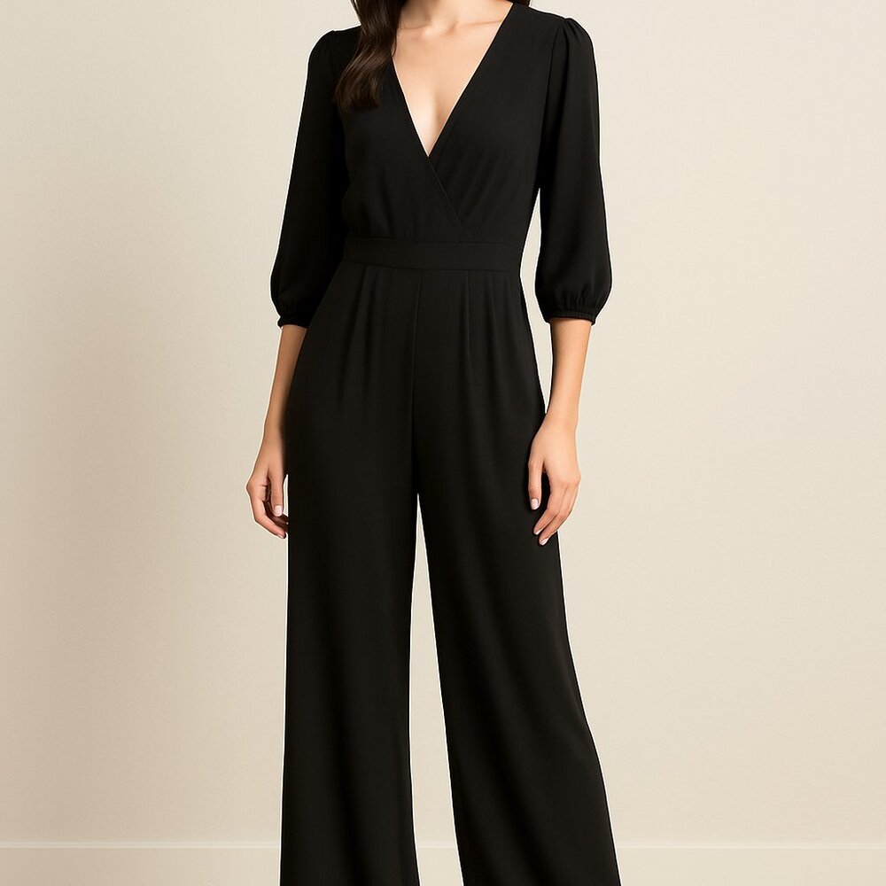 Luvposh Jumpsuit Women S Black V-Neck Wide Leg 3/4 Puff Sleeve Formal‎ Chic